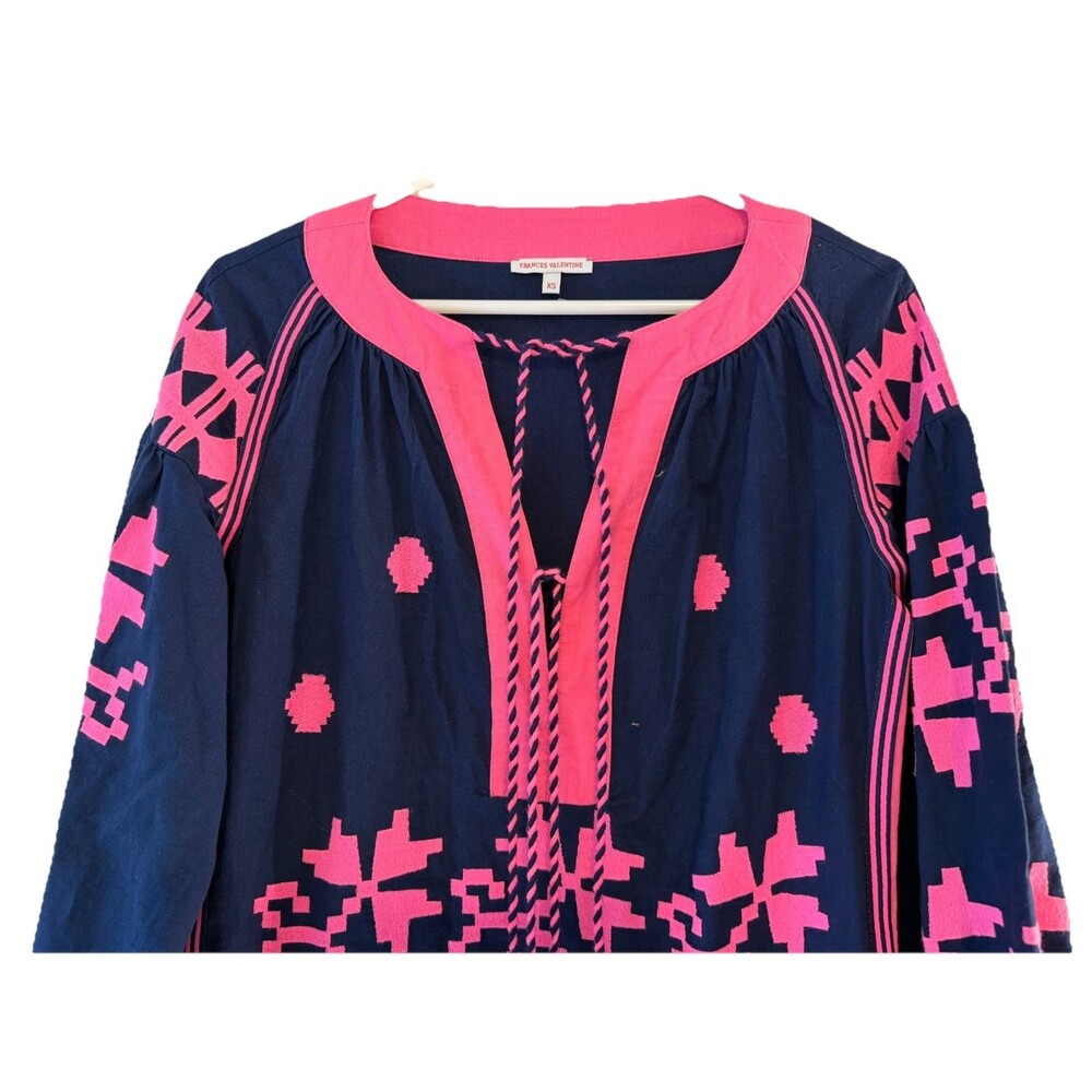 Frances Valentine XS Navy Pink Embroidered Linen Cotton Midi Dress Belted - Picture 7 of 11